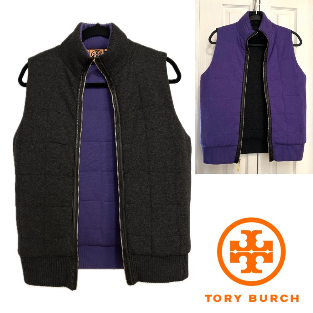 Tory Burch Wool/Cashmere Reversible Puff Vest Charcoal/Purple Size Small